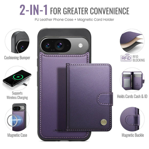 JEEHOOD For Google Pixel 9 Pro / Google Pixel 9 Case  J09 RFID Blocking Card Holder Leather Back Phone Cover Magnetic Case - Purple - 2