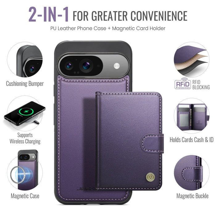 JEEHOOD For Google Pixel 9 Pro / Google Pixel 9 Case  J09 RFID Blocking Card Holder Leather Back Phone Cover Magnetic Case - Purple - 2