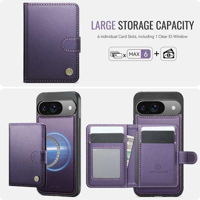 JEEHOOD For Google Pixel 9 Pro / Google Pixel 9 Case  J09 RFID Blocking Card Holder Leather Back Phone Cover Magnetic Case - Purple - 3