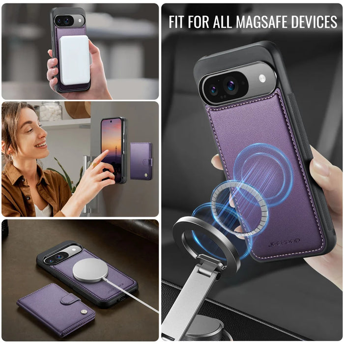 JEEHOOD For Google Pixel 9 Pro / Google Pixel 9 Case  J09 RFID Blocking Card Holder Leather Back Phone Cover Magnetic Case - Purple - 6