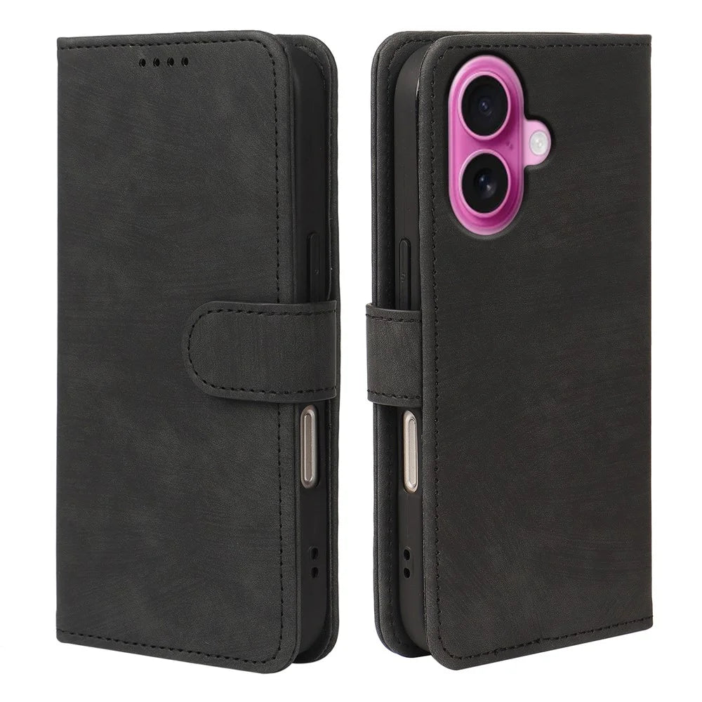 For iPhone 16 Case Flip Wallet Striped Texture Leather Phone Cover - Black - 1