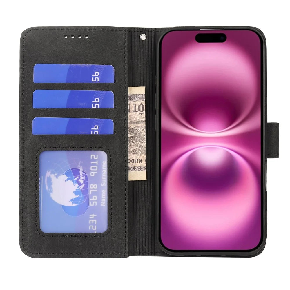 For iPhone 16 Case Flip Wallet Striped Texture Leather Phone Cover - Black - 2