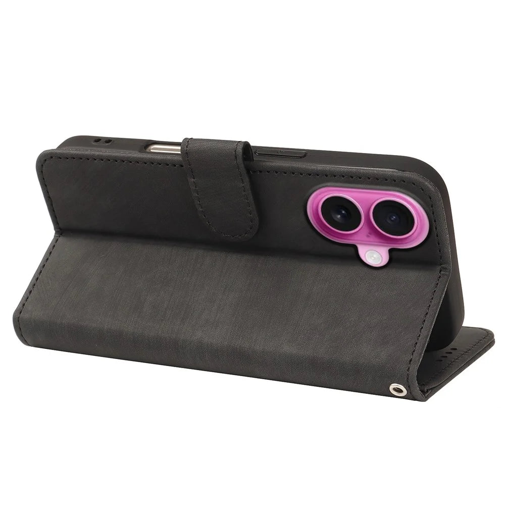 For iPhone 16 Case Flip Wallet Striped Texture Leather Phone Cover - Black - 4