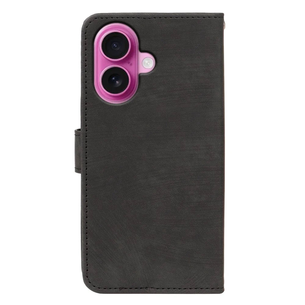 For iPhone 16 Case Flip Wallet Striped Texture Leather Phone Cover - Black - 6