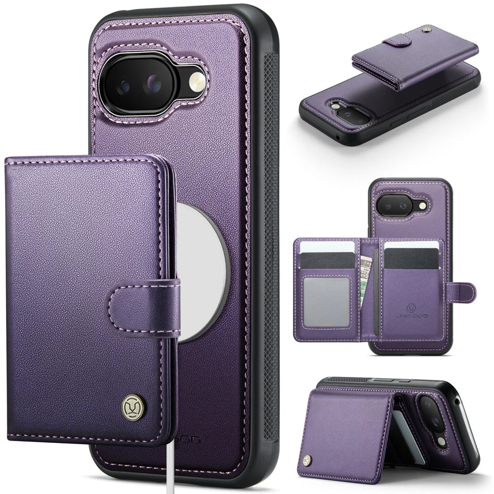JEEHOOD For Google Pixel 9a Case  J09 RFID Blocking Card Holder Leather Back Phone Cover Magnetic Case - Purple - 1