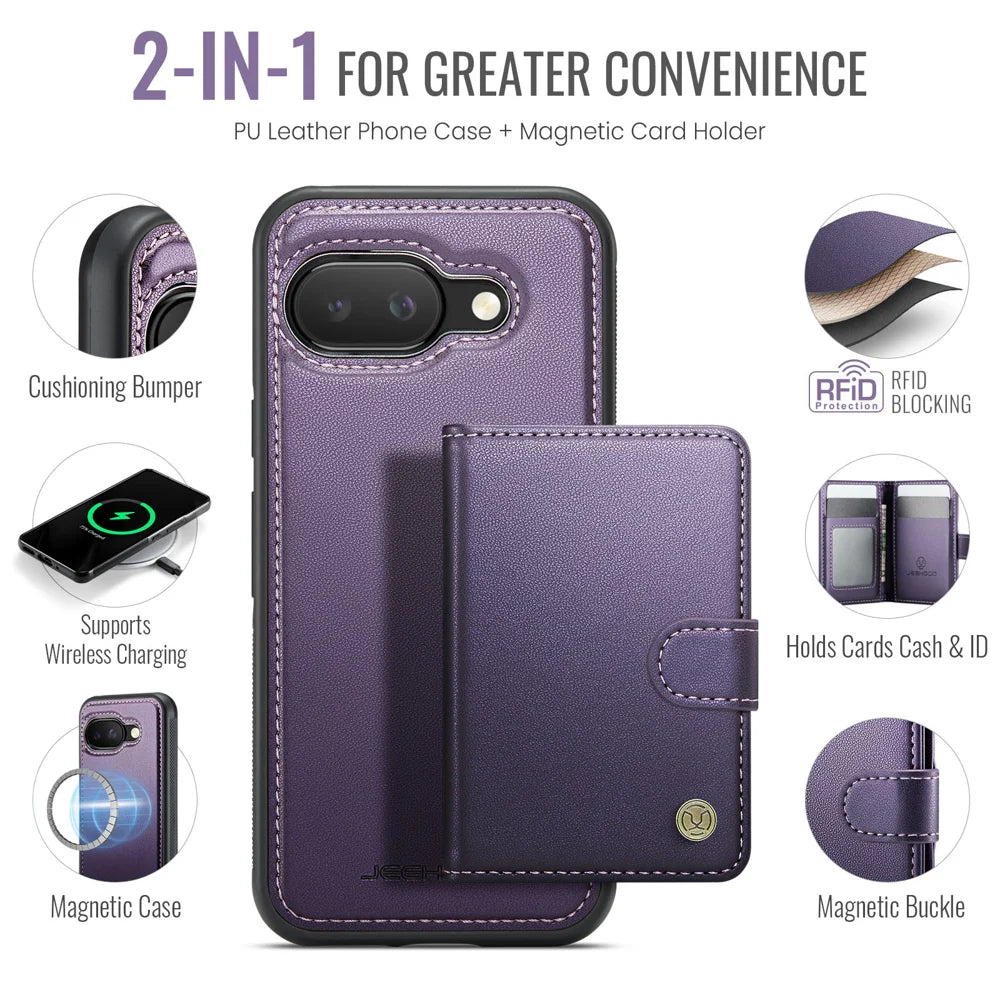 JEEHOOD For Google Pixel 9a Case  J09 RFID Blocking Card Holder Leather Back Phone Cover Magnetic Case - Purple - 2
