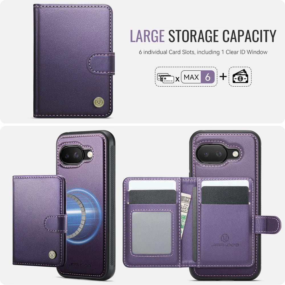 JEEHOOD For Google Pixel 9a Case  J09 RFID Blocking Card Holder Leather Back Phone Cover Magnetic Case - Purple - 3