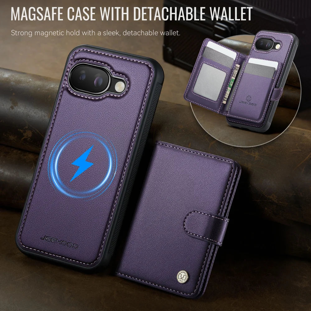 JEEHOOD For Google Pixel 9a Case  J09 RFID Blocking Card Holder Leather Back Phone Cover Magnetic Case - Purple - 5