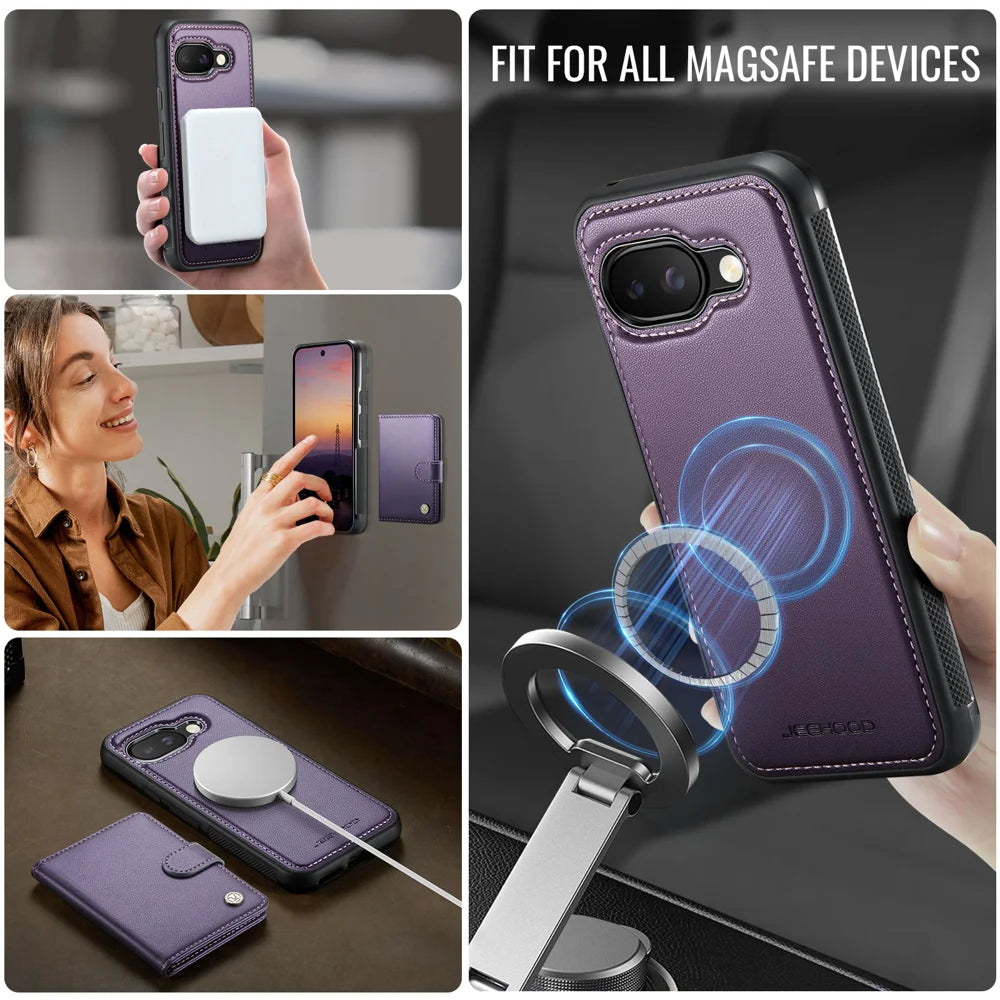 JEEHOOD For Google Pixel 9a Case  J09 RFID Blocking Card Holder Leather Back Phone Cover Magnetic Case - Purple - 6