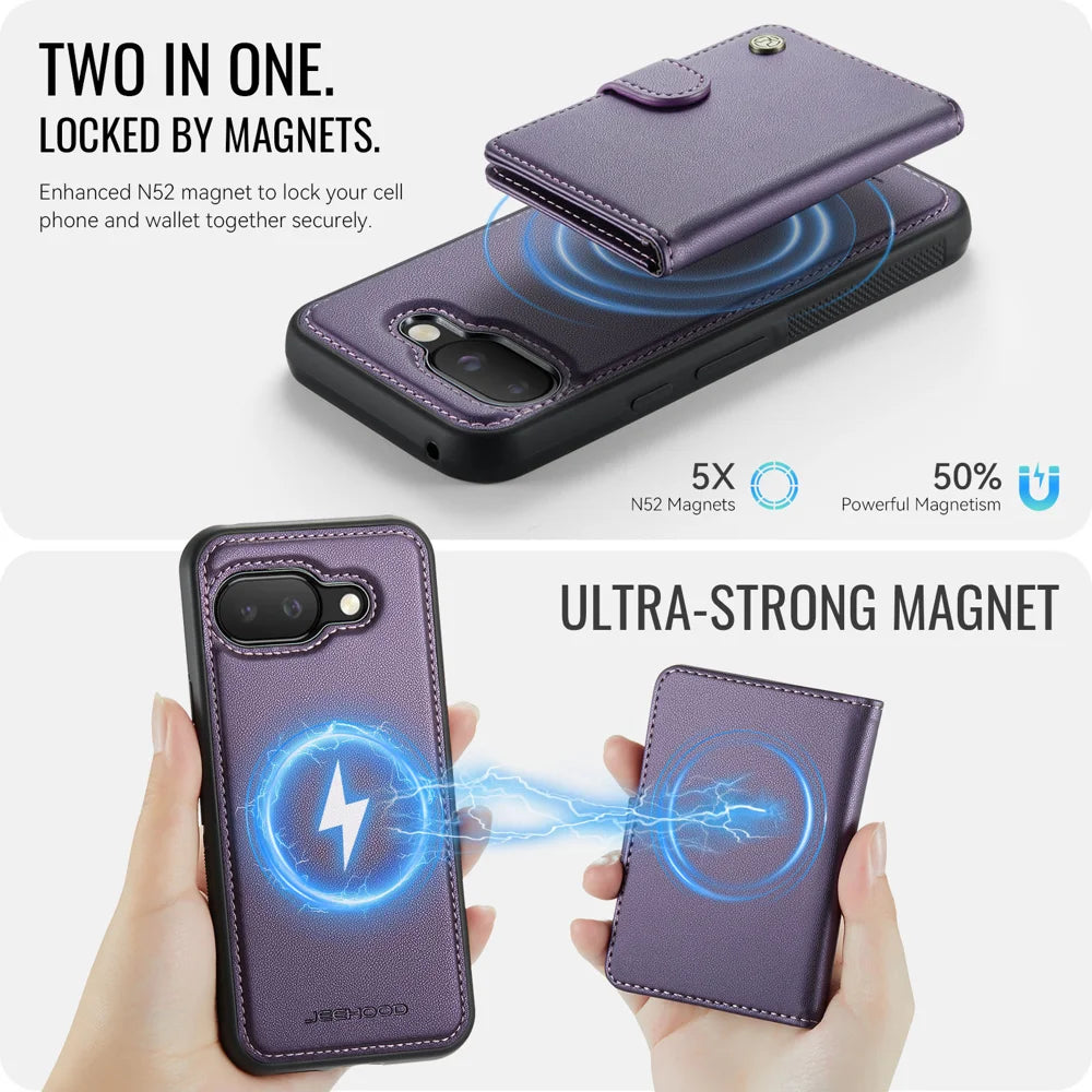 JEEHOOD For Google Pixel 9a Case  J09 RFID Blocking Card Holder Leather Back Phone Cover Magnetic Case - Purple - 7