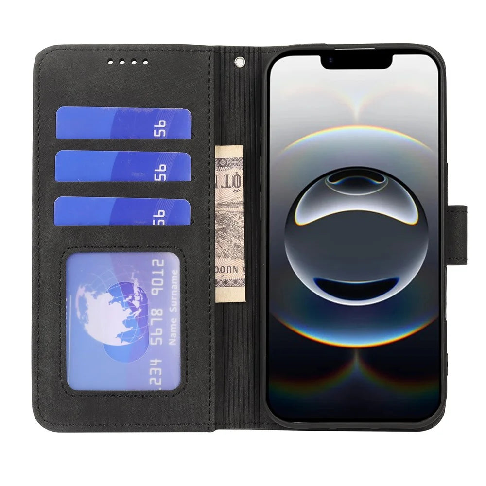 For iPhone 17e / 16e Case Flip Wallet Striped Texture Leather Phone Cover - Black - 2