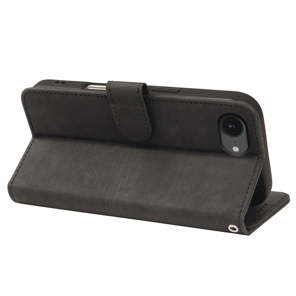 For iPhone 17e / 16e Case Flip Wallet Striped Texture Leather Phone Cover - Black - 4