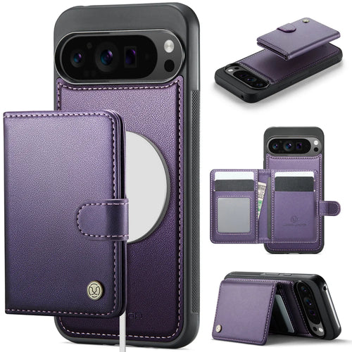 JEEHOOD For Google Pixel 9 Pro XL Case  J09 RFID Blocking Card Holder Leather Back Phone Cover Magnetic Case - Purple - 1