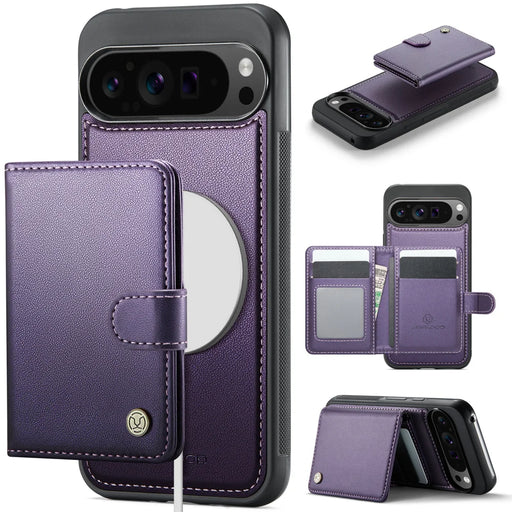 JEEHOOD For Google Pixel 9 Pro XL Case  J09 RFID Blocking Card Holder Leather Back Phone Cover Magnetic Case - Purple - 1