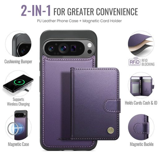 JEEHOOD For Google Pixel 9 Pro XL Case  J09 RFID Blocking Card Holder Leather Back Phone Cover Magnetic Case - Purple - 2
