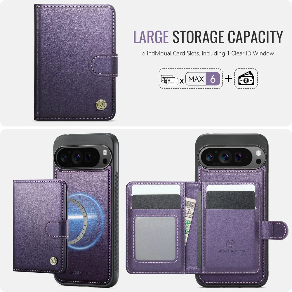 JEEHOOD For Google Pixel 9 Pro XL Case  J09 RFID Blocking Card Holder Leather Back Phone Cover Magnetic Case - Purple - 3