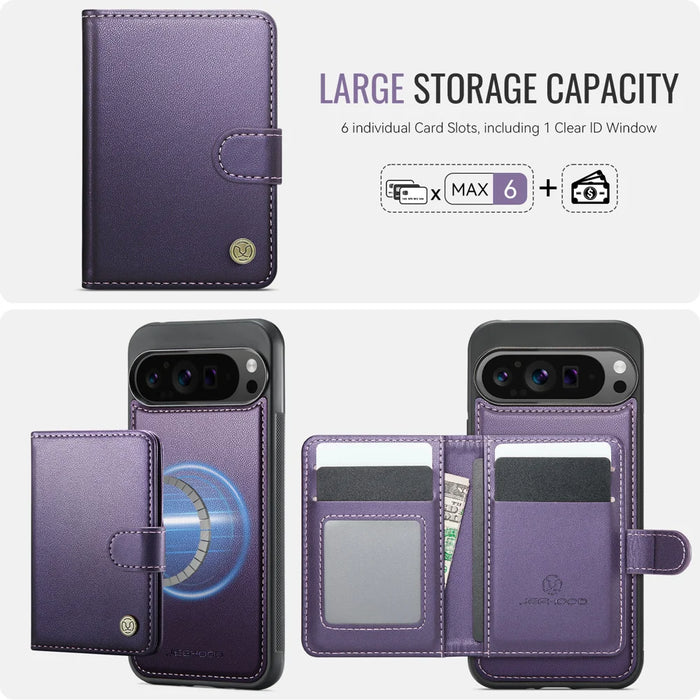 JEEHOOD For Google Pixel 9 Pro XL Case  J09 RFID Blocking Card Holder Leather Back Phone Cover Magnetic Case - Purple - 3