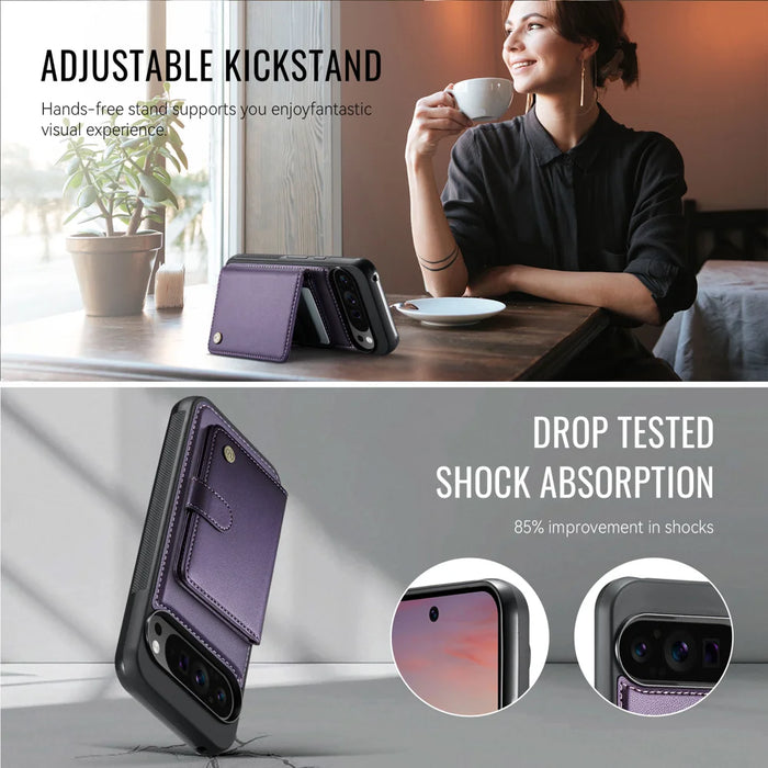 JEEHOOD For Google Pixel 9 Pro XL Case  J09 RFID Blocking Card Holder Leather Back Phone Cover Magnetic Case - Purple - 4