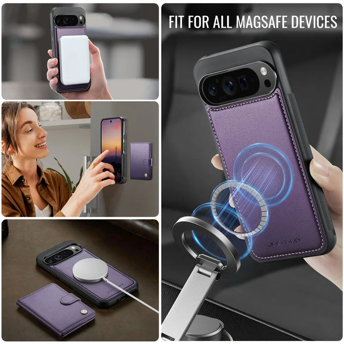 JEEHOOD For Google Pixel 9 Pro XL Case  J09 RFID Blocking Card Holder Leather Back Phone Cover Magnetic Case - Purple - 6