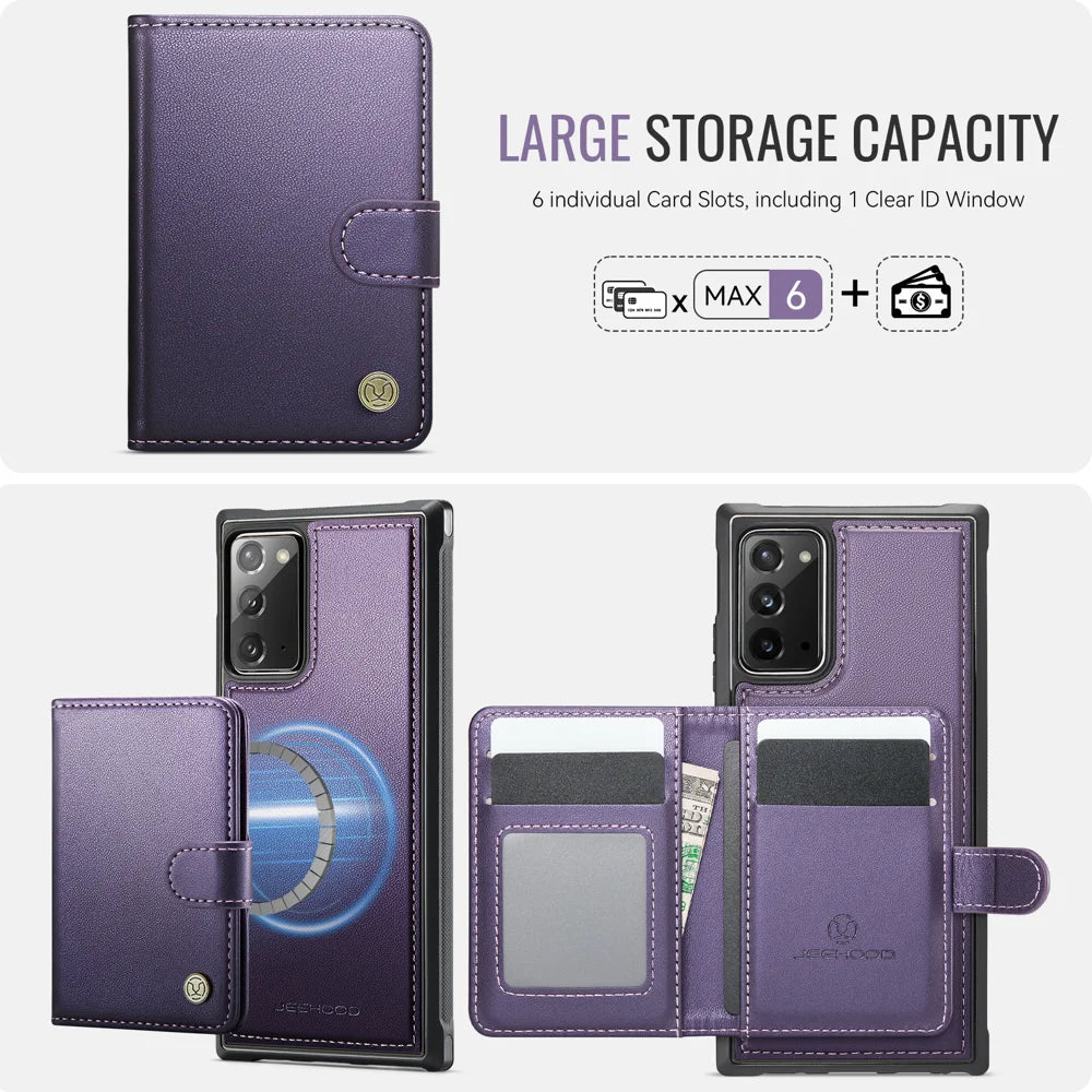 JEEHOOD For Samsung Galaxy Note20 Case  J09 RFID Blocking Card Holder Leather Back Phone Cover Magnetic Case - Purple - 3