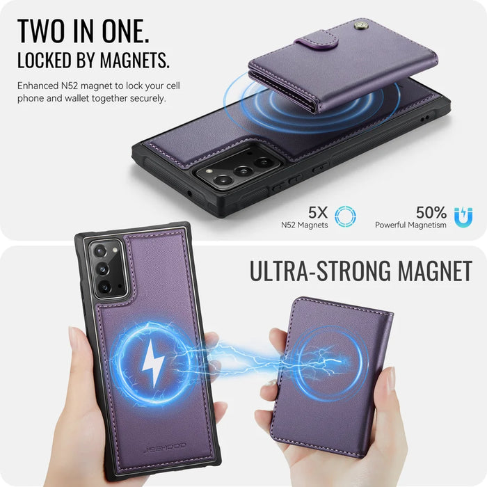 JEEHOOD For Samsung Galaxy Note20 Case  J09 RFID Blocking Card Holder Leather Back Phone Cover Magnetic Case - Purple - 7