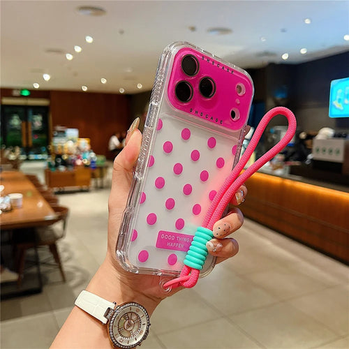 For iPhone 18 Pro / 17 Pro Case Polka Dot Pattern PC + TPU Phone Cover with Lens Film  /  Strap - Rose - 1