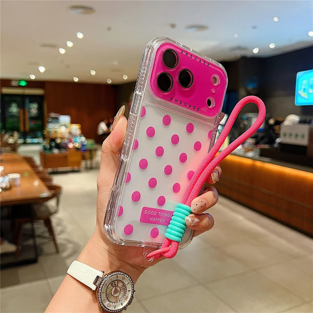 For iPhone 18 Pro / 17 Pro Case Polka Dot Pattern PC + TPU Phone Cover with Lens Film  /  Strap - Rose - 1