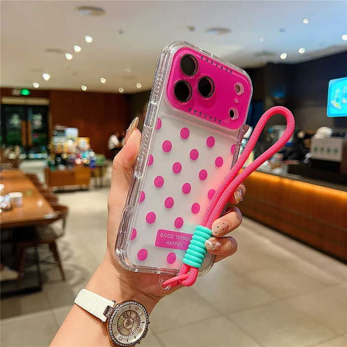 For iPhone 18 Pro / 17 Pro Case Polka Dot Pattern PC + TPU Phone Cover with Lens Film  /  Strap - Rose - 1