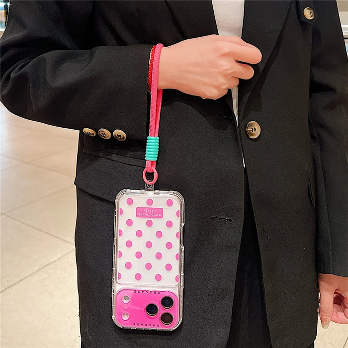 For iPhone 18 Pro / 17 Pro Case Polka Dot Pattern PC + TPU Phone Cover with Lens Film  /  Strap - Rose - 3