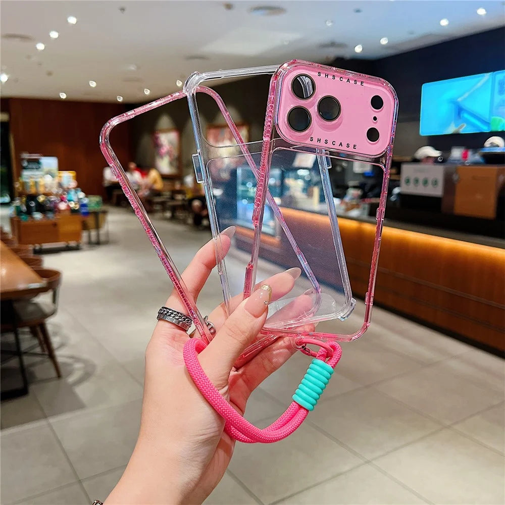 For iPhone 18 Pro Max / 17 Pro Max Case Clear Colorful Frame Drop-Proof TPU + PC Phone Back Cover with Lens Film  /  Strap - Pink - 2