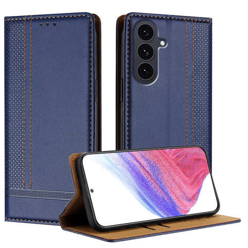 For Samsung Galaxy S25 FE Case L-Shaped Grid Pattern Leather Stand Phone Cover with Card Slots - Blue - 1