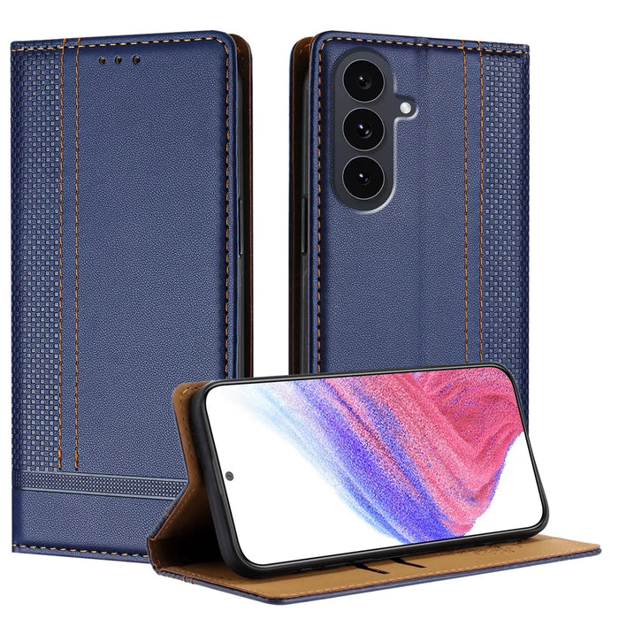 For Samsung Galaxy S25 FE Case L-Shaped Grid Pattern Leather Stand Phone Cover with Card Slots - Blue - 1