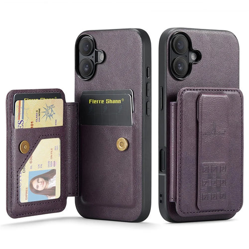 FIERRE SHANN 024 For iPhone 17 Case Card Holder Kickstand Waxy Texture Leather + TPU Phone Cover - Purple - 1