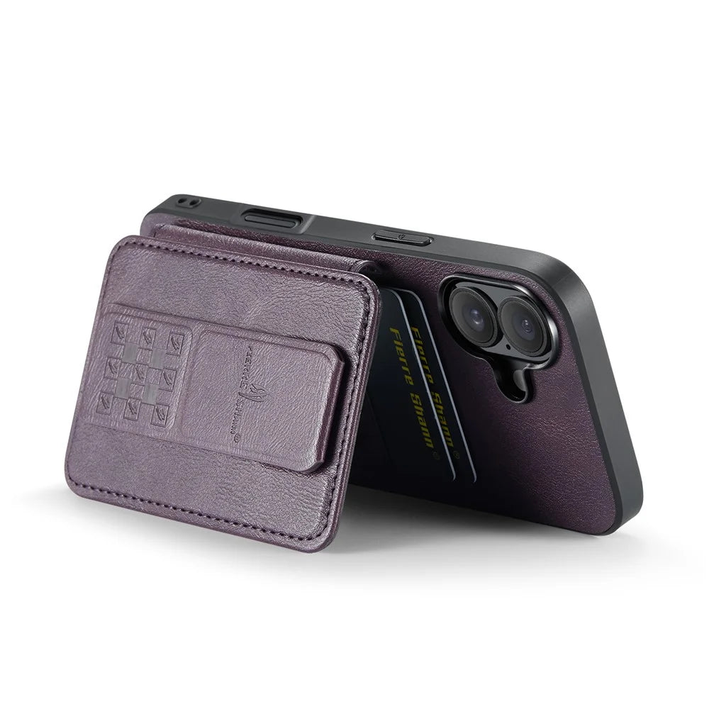 FIERRE SHANN 024 For iPhone 17 Case Card Holder Kickstand Waxy Texture Leather + TPU Phone Cover - Purple - 2