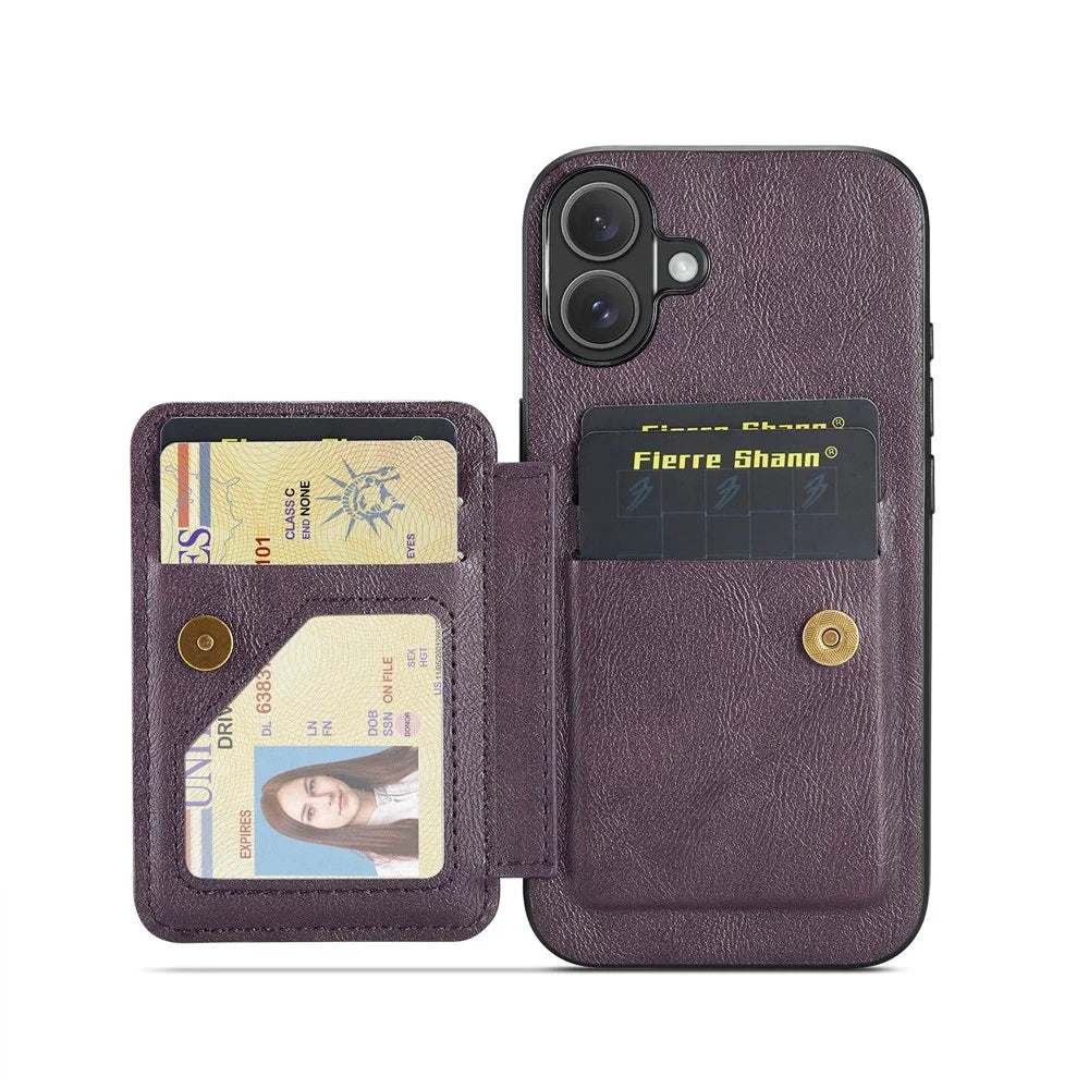 FIERRE SHANN 024 For iPhone 17 Case Card Holder Kickstand Waxy Texture Leather + TPU Phone Cover - Purple - 3