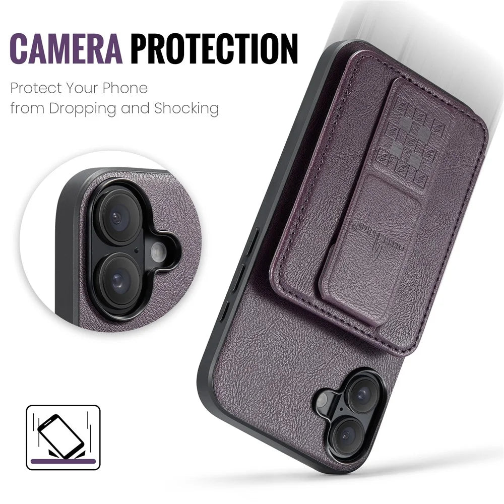 FIERRE SHANN 024 For iPhone 17 Case Card Holder Kickstand Waxy Texture Leather + TPU Phone Cover - Purple - 4