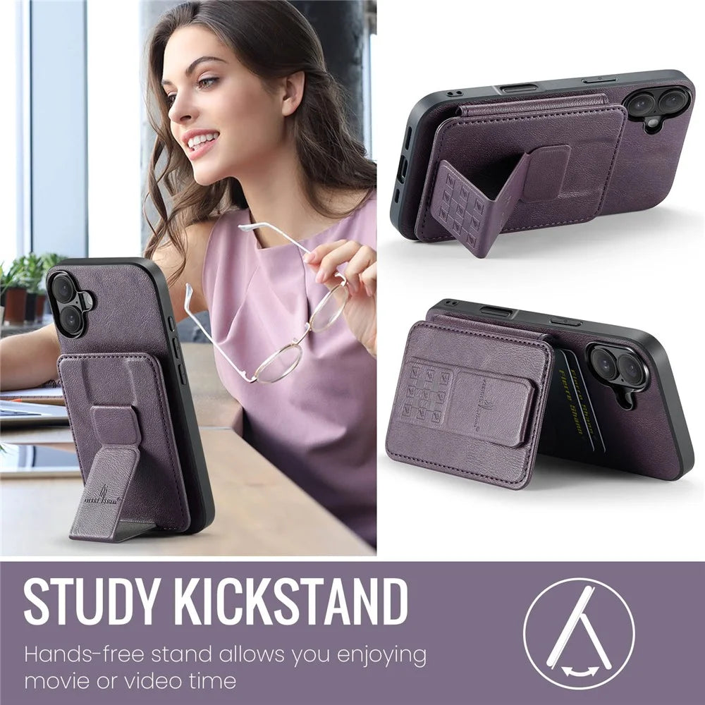 FIERRE SHANN 024 For iPhone 17 Case Card Holder Kickstand Waxy Texture Leather + TPU Phone Cover - Purple - 5