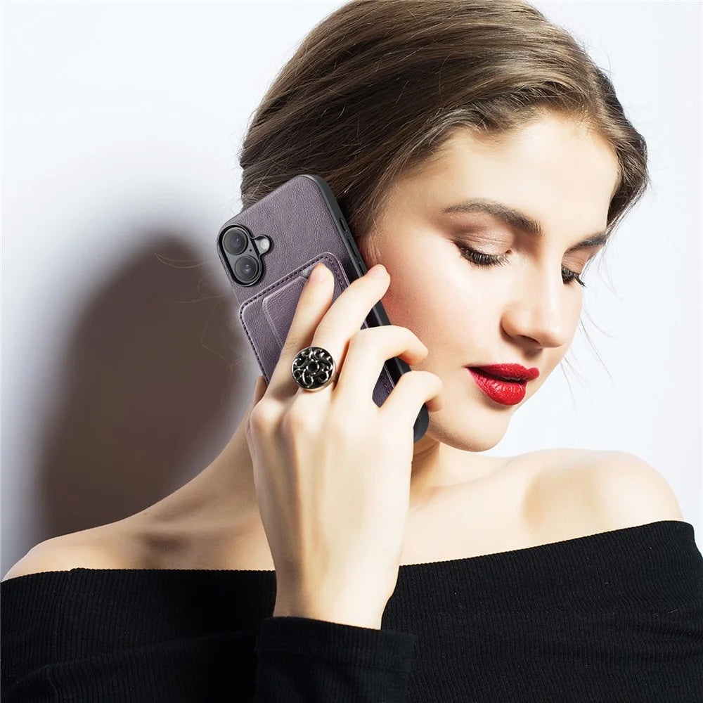 FIERRE SHANN 024 For iPhone 17 Case Card Holder Kickstand Waxy Texture Leather + TPU Phone Cover - Purple - 6