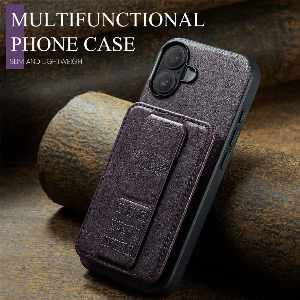 FIERRE SHANN 024 For iPhone 17 Case Card Holder Kickstand Waxy Texture Leather + TPU Phone Cover - Purple - 7