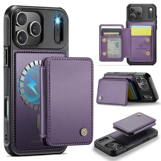 JEEHOOD For iPhone 17 Pro Max Case  J05 Leather Mobile Cover with Detachable Magnetic Card Bag - Purple - 1