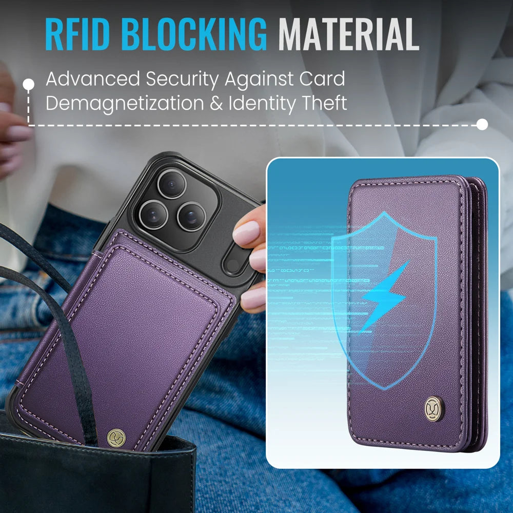 JEEHOOD For iPhone 17 Pro Max Case  J05 Leather Mobile Cover with Detachable Magnetic Card Bag - Purple - 7