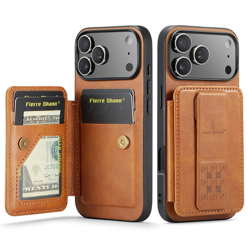FIERRE SHANN 024 For iPhone 17 Pro Case Card Holder Kickstand Waxy Texture Leather + TPU Phone Cover - Brown - 1