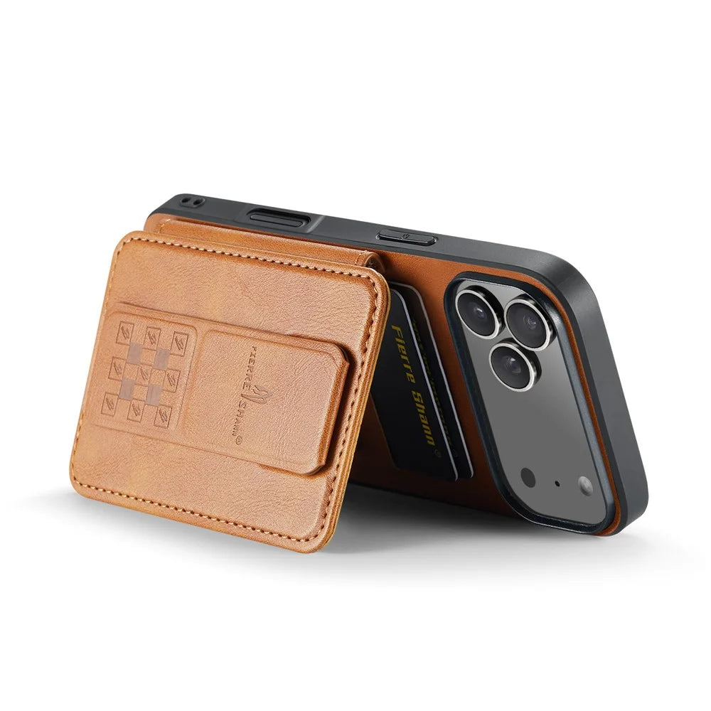 FIERRE SHANN 024 For iPhone 17 Pro Case Card Holder Kickstand Waxy Texture Leather + TPU Phone Cover - Brown - 2