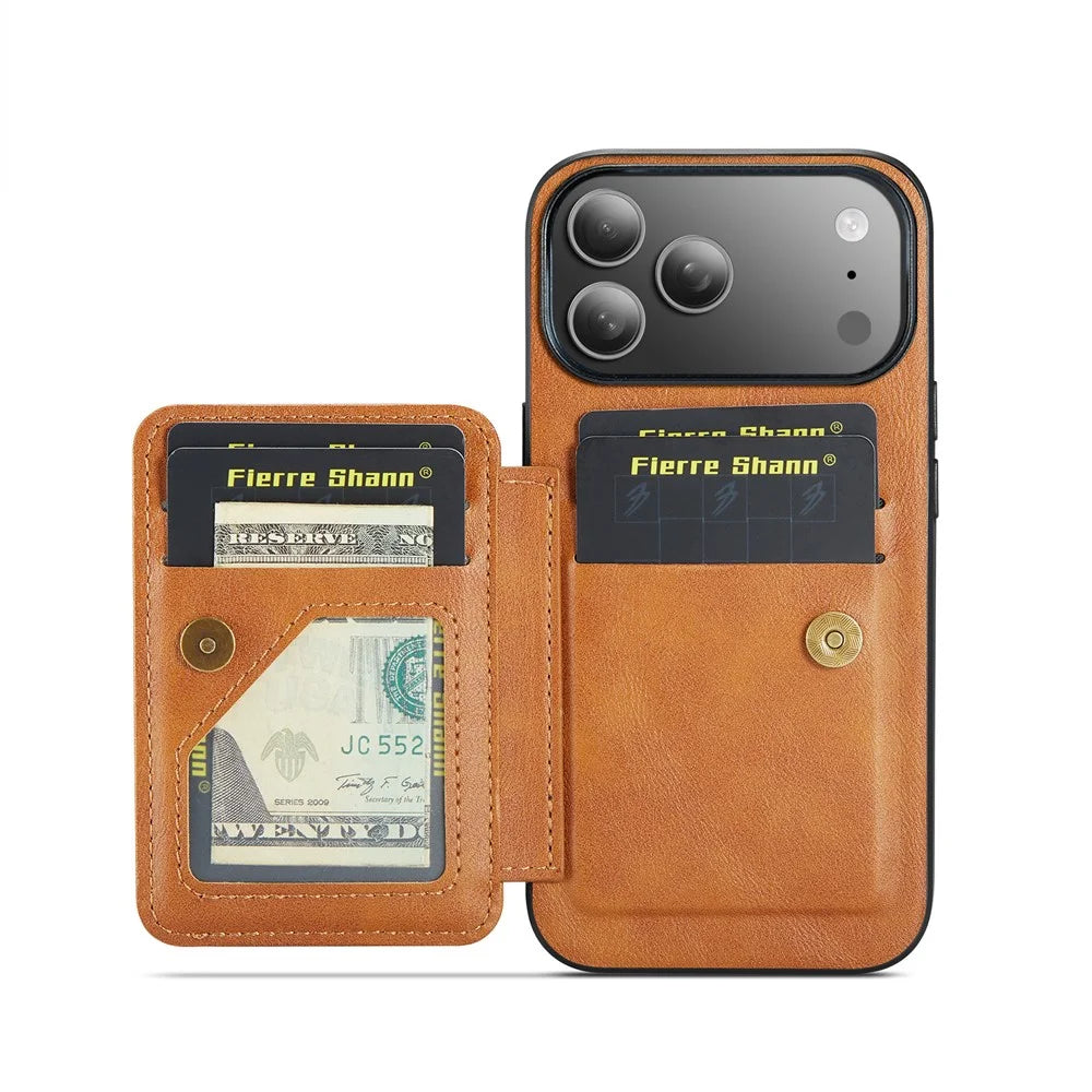 FIERRE SHANN 024 For iPhone 17 Pro Case Card Holder Kickstand Waxy Texture Leather + TPU Phone Cover - Brown - 3