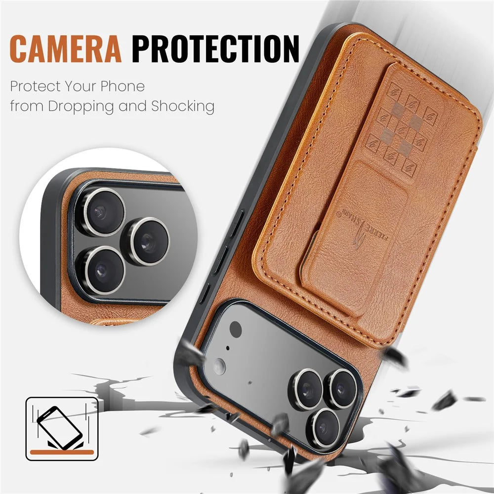 FIERRE SHANN 024 For iPhone 17 Pro Case Card Holder Kickstand Waxy Texture Leather + TPU Phone Cover - Brown - 4