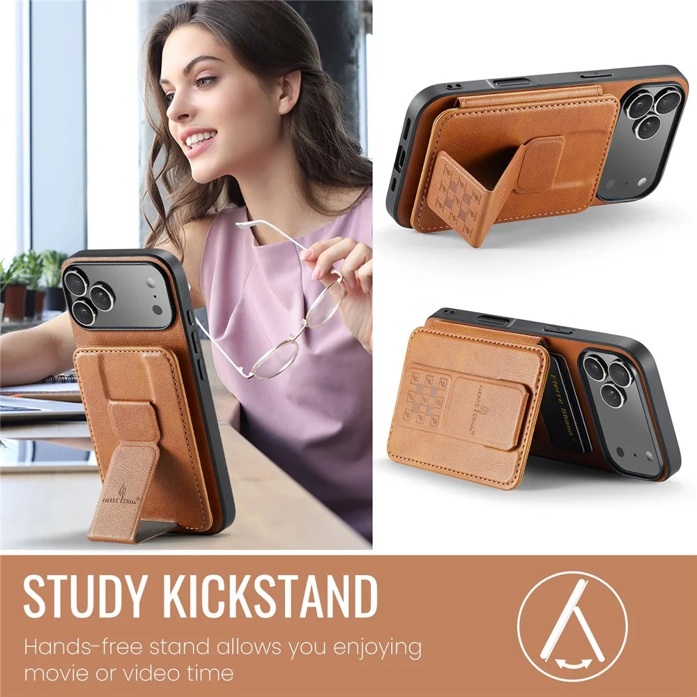 FIERRE SHANN 024 For iPhone 17 Pro Case Card Holder Kickstand Waxy Texture Leather + TPU Phone Cover - Brown - 5