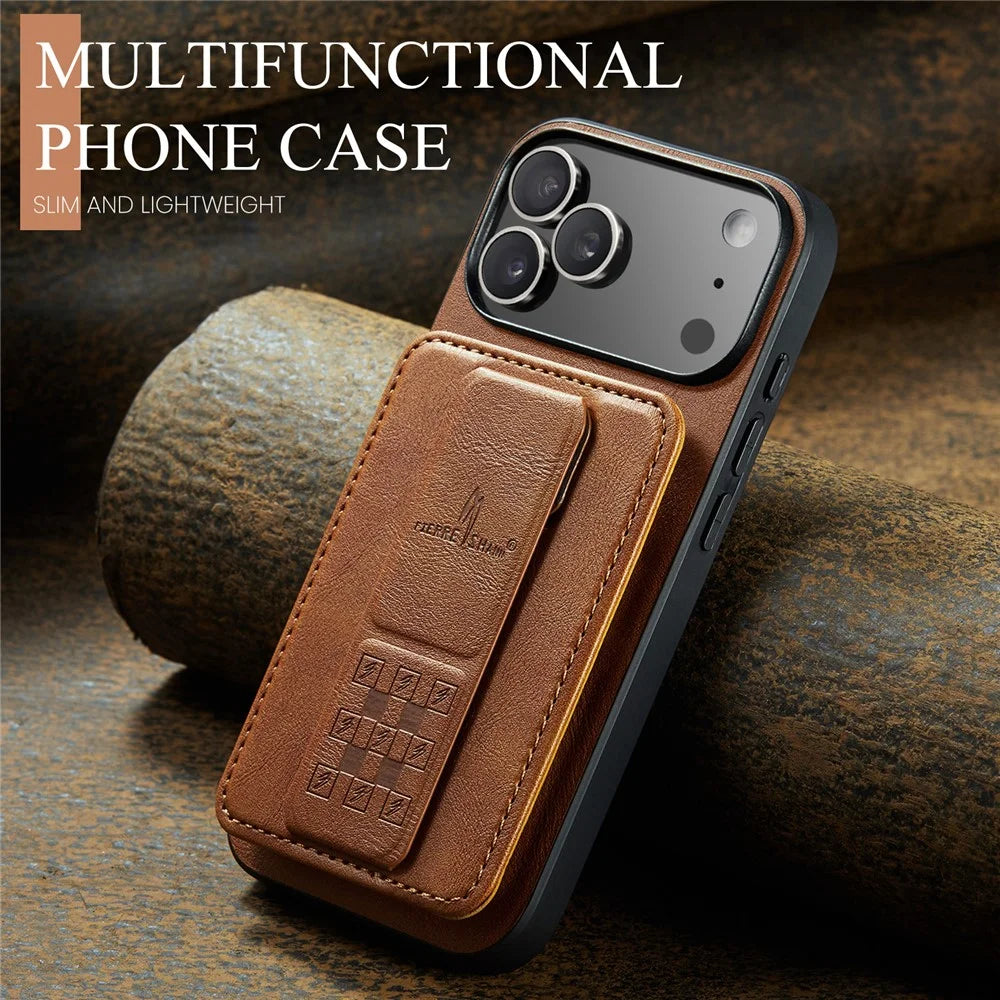 FIERRE SHANN 024 For iPhone 17 Pro Case Card Holder Kickstand Waxy Texture Leather + TPU Phone Cover - Brown - 6