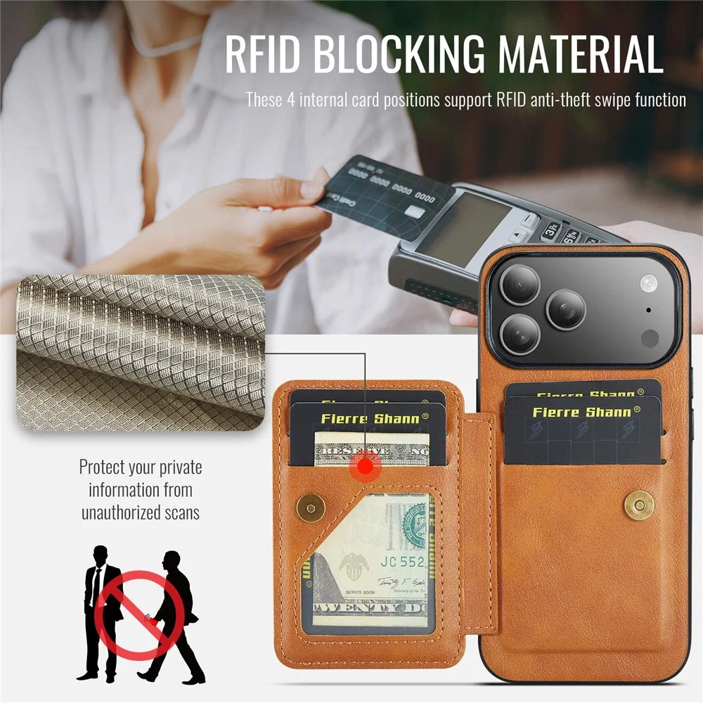 FIERRE SHANN 024 For iPhone 17 Pro Case Card Holder Kickstand Waxy Texture Leather + TPU Phone Cover - Brown - 7