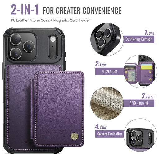 JEEHOOD For iPhone 17 Pro Case  J05 Leather Mobile Cover with Detachable Magnetic Card Bag - Purple - 2