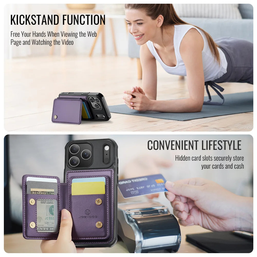 JEEHOOD For iPhone 17 Pro Case  J05 Leather Mobile Cover with Detachable Magnetic Card Bag - Purple - 3